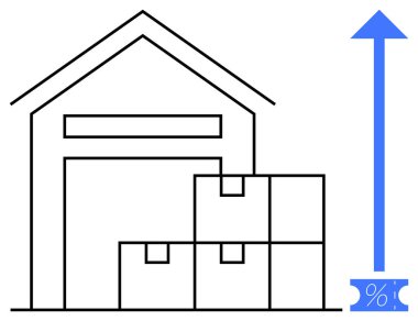 Depo binası, dışarıya istiflenmiş kutular, yukarı bakan büyük mavi ok büyümeyi gösteriyor. Lojistik, envanter, tedarik zinciri, büyüme, ekonomi, depolama yönetimi başarısı için ideal. Minimalist