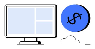 Üzerinde çapraz dolar işareti ve küçük bir bulut olan mavi bir dairenin yanındaki mavi bölümlü bilgisayar monitörü. Finans, teknoloji, yazılım, dijital ödemeler, çevrimiçi bankacılık, ekonomi için ideal