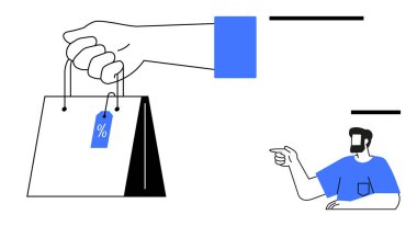 Üzerinde indirim etiketi olan bir alışveriş çantası tutan mavi gömlekli bir adam. Çevrimiçi alışveriş, indirimler, perakende pazarlama, tüketici davranışı, satış tanıtımı, e-ticaret, müşteri ilişkileri için ideal