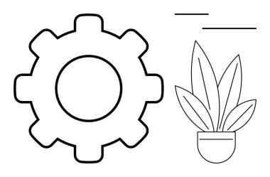 Dişliler doğayı ve büyümeyi gösteren saksı bitkisini sembolize ediyor ve işliyor. Üretkenlik, sürdürülebilirlik, yenilik, denge, teknoloji, çevre, soyut çizgi için ideal