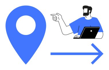 Dizüstü bilgisayar kullanan bir adam büyük mavi bir işaret ve yönü gösteren bir ok gösteriyor. Navigasyon, rehberlik, seyahat, konum hizmetleri, teknoloji, yön ve haritalar için ideal. Soyut çizgi