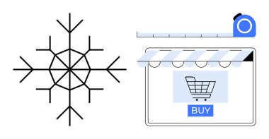 Bir alışveriş arabası ikonu ve mezuranın altında bir satın alma düğmesi bulunan dijital bir alışveriş arayüzünün yanında Geometrik kar tanesi çizimi. E-ticaret, kış satışları, online alışveriş için ideal.