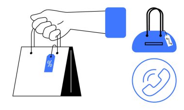 İndirim etiketli el çantası, fiyat etiketli mavi çanta ve telefon ikonu. Çevrimiçi alışveriş, perakende tanıtımlar, müşteri hizmetleri, indirimli satışlar, e-ticaret siteleri, pazarlama için ideal