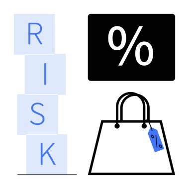 RiSK alfabe blokları dikey olarak dizilmiş, siyah yüzde simgesi ve mavi etiketli alışveriş çantası. Finans, yatırım, perakende, tüketici davranışı, satış stratejisi ve piyasa için ideal