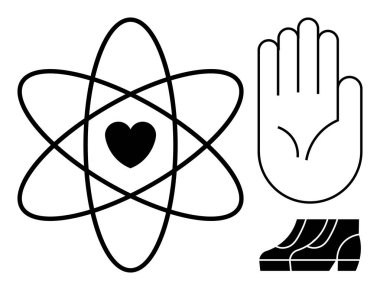 Bir atom modelinin içindeki kalp, yükseltilmiş el işareti, ve adımlar bilim, merhamet, kişisel sınırlar ve insan gelişimi temalarını birleştirir. Eğitim, sağlık ve güvenlik için idealdir.