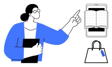 Akıllı telefon ekranında açık bir kitabı işaret eden bir kadın, yanında bir evrak klasörü, yanında fiyat etiketli bir alışveriş çantası tutuyor. E- öğrenim, dijital kütüphaneler, çevrimiçi alışveriş, eğitim ve teknoloji için ideal