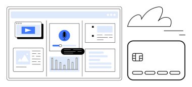 Video oynatıcıyı, ses komut simgesini, analitik grafiğini, bulut sembolünü ve kredi kartını gösteren dijital bir panel. Teknoloji, finans, veri görselleştirme, medya yönetimi dijital pazarlama için ideal