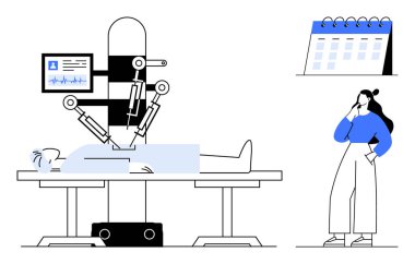 Masada yatan bir hastayı ameliyat eden robot kol, yanında duran bir kadın. Takvim çizelgesi planlama ya da planlama öneriyor. Sağlık, teknoloji, yenilik, tıbbi hizmet için ideal