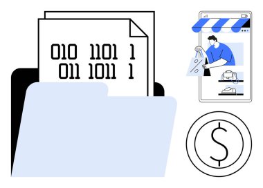 İkili kod kağıtları olan bir klasör, mobil cihazdan alışveriş yapan bir adam ve dolar işareti. Dijital veri, çevrimiçi alışveriş, mobil ticaret, bilgi depolama, dijital para birimi, finans için ideal