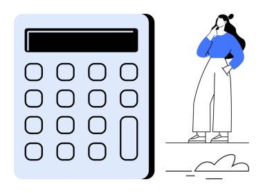 Solda büyük hesap makinesi, sağda mavi bluzlu ve geniş bacaklı kadın, mali planlama, eğitim, karar verme, problem çözme, analiz, strateji için düşünceli bir şekilde ideal duruyor.