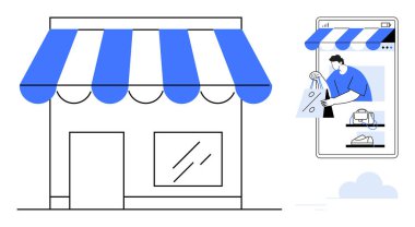 Akıllı telefonun yanında şeritli tenteli olan küçük bir dükkan çanta taşıyan birini gösteriyor. E-ticaret, çevrimiçi alışveriş, küçük işletme, teknoloji, dijital pazarlama, perakende, modernizasyon için ideal