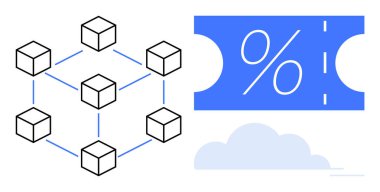 Bir yüzdelik sembol ve bulutun yer aldığı indirim kuponunun yanına dizilmiş bağlı küplerle engelleme zinciri ağı. Teknoloji, güvenlik, işlemler, ağ, indirimler, tasarruflar, bulut için ideal