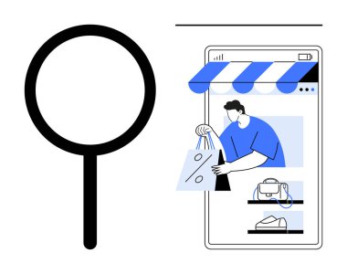 Bir cep telefonu mağazasının yanında elinde alışveriş çantası olan bir büyüteç. Satılık eşyalar. E-ticaret, çevrimiçi alışveriş, tüketici davranışı, piyasa araştırması, dijital pazarlama için ideal