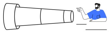 Adam doğrudan büyük bir teleskopu işaret ediyor. Vizyon, keşif, gelecek planlama, yön belirleme, hedef belirleme, keşif, rehberlik için ideal. Kıtır çizgiler minimalist stil mavi gömlek vurgusu