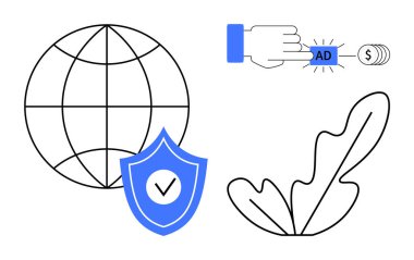 Küre ızgarası, işaretli kalkan, el tıklama düğmesi, yaprak büyütme, güvenlik, uluslararası erişim, çevrimiçi reklamcılık, çevre dostu güven kullanıcı etkileşimi. Teknoloji için ideal