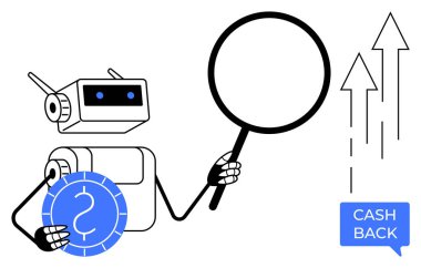 Robot dolar işareti ile büyüteç ve bozuk para tutuyor. Yükselen okları analiz ediyor. Finans, teknoloji, analiz, tasarruf, ekonomik büyüme, yapay zeka yatırımları için idealdir. Asgari