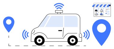 GPS ve kablosuz sinyalleri olan otonom araba, konum işaretleyicileri ve çevrimiçi iş arayüzü ile çevrili. Akıllı ulaşım, GPS hizmetleri, e-ticaret, yolculuk paylaşımı, otomatik sürüş için ideal