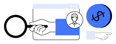 Bir insan simgesi ve dolar işareti üzerine bir büyüteç tutarak. İş arama, adam toplama, denetleme, finans, kimlik doğrulama, müşteri profilleme, soruşturmalar için ideal. Yakınlaştırma
