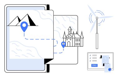 Tablet, rüzgar türbini ve çevrimiçi ödeme terminalinde dağlardan kaleye yapılan yolculuğun dijital haritası. Teknoloji, seyahat planlaması, yenilenebilir enerji, çevrimiçi ödemeler, dijital