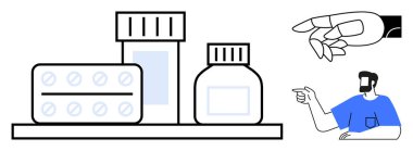 El hapları, işaret eden insanlar, ilaç şişeleri ve rafta su toplayan bir çanta. Sağlık, ilaç, eczane, reçete, sağlık yönetimi ve hasta bakımı için ideal