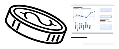 Dolu veri ekranının yanına dolar sembolü yerleştirilmiş bozuk para. Finans, yatırım, ekonomi, bütçe, veri analizi, pazar eğilimleri, iş tahminleri için ideal. Satır metaforu