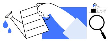 Elleri su kabını tutuyor, su damlalarını döküyor. Alışveriş arabası ve büyüteç de dahil. Büyüme, yetiştirme, analiz, alışveriş, sürdürülebilirlik kaynak yönetimi stratejisi için idealdir. Kalın