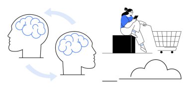 Oklarla birbirine bağlı beyinleri olan iki profil kafası, alışveriş arabasının yanında telefon kullanan bir kadın, bulut grafiği. Dijital eğitim için ideal, online alışveriş, tüketici davranışı, beyin fırtınası