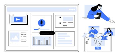 Analitik gösterge panelinde tablolar, videolar ve veriler var. Tablet kullanan bir kadın. Müşterilerle alışveriş arabası etkileşimi. Dijital pazarlama, e-ticaret, analitik, çevrimiçi alışveriş kullanıcısı için ideal