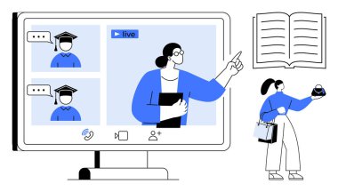 Bilgisayar ekranında öğrencilerle canlı video konferansında sunan öğretmen. Öğrencinin elinde mezuniyet şapkası, açık bir kitap öğrenmeyi simgeler. Eğitim için ideal, uzaklık öğrenme, sanal