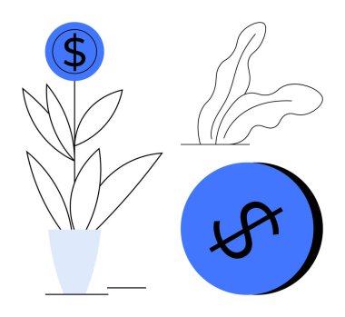 Mavi bir para saksı bitkisinden bir çiçek gibi büyür, yanında da soyut yapraklar ve başka bir büyük para. Yatırım büyümesi, mali başarı, ekonomik istikrar ve zenginlik üretimi için ideal