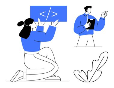 Kodlama işareti olan bir kadın, elinde pano tutan bir adam, yaprak çizimi. Takım çalışması, yazılım geliştirme, işbirliği, iletişim, kodlama, liderlik projesi yönetimi için ideal