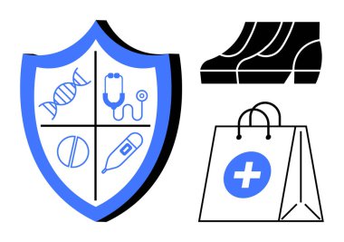 DNA, steteskop, hap, termometre ikonları, yakın ayakkabılar ve çapraz sembollü alışveriş çantası olan bir kalkan. Sağlık, tıbbi endüstri, dijital sağlık eczanesi e-ticaret için ideal