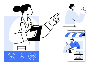 Elinde bir pano tutan bir doktor, yukarı bakan biri, alışveriş senaryosu gösteren bir akıllı telefon. Sağlık hizmetleri, teletıp, uzaktan iletişim, online alışveriş, e-ticaret, dijital