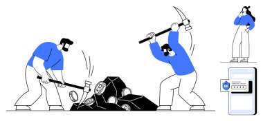 İki adam kripto para çıkartıyor, biri kazmayla vuruyor, diğeri kadın düşünen aletler, dijital güvenlik kilidi ve giriş ekranı. Kripto para birimi, takım çalışması, veri güvenliği için ideal