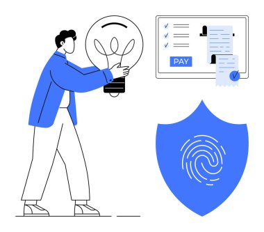 Çevrimiçi ödeme ekranının yanında ampul tutan adam kontrol işaretleri ve makbuzla, parmak izi simgesi olan kalkan. Fintech, siber güvenlik, yenilik, e-ticaret, dijital güvenlik, ödeme için ideal