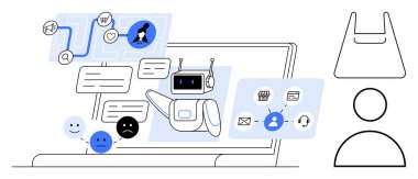 Dizüstü bilgisayar ekranında çeşitli kullanıcı simgeleri, diyalog kutuları, akış çizelgeleri ile sohbet eden bir robot. Yapay zeka, iletişim, müşteri desteği, veri işleme, ağ oluşturma, dijital pazarlama otomasyonu için ideal