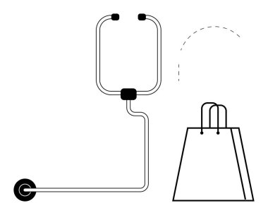 Alışveriş çantasının yanındaki tıbbi steteskop perakende ve sağlık hizmeti kavşağını işaret ediyor. Sağlık, perakende, tıbbi hizmetler, çevrimiçi alışveriş, pazar, refah ve modern için ideal