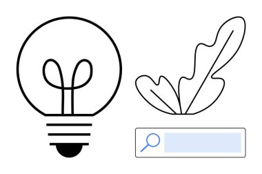 Light bulb with filament, abstract leaf and search bar with magnifying glass. Ideal for innovation, discovery, nature, search engine optimization, environmental awareness, minimalism, technology clipart