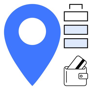 Mavi harita işaretleyici, katmanlı yapı ve kartlı cüzdan. Navigasyon, seyahat, finans, organizasyon, kullanıcı konumu dijital uygulamalar için idealdir. Satır metaforu