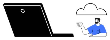 Siyah dizüstü bilgisayar, bulut simgesi ve işaret eden biri. Uzaktan çalışma, dijital işbirliği, bulut hesaplama, online toplantılar, teknoloji dersleri sanal öğrenme için idealdir. Soyut satırı vurgular