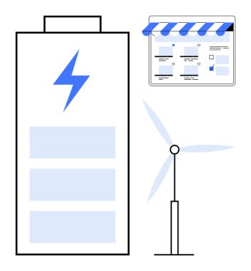 Yıldırımlı pil, dönen rüzgar türbini ve e-ticaret mağazası önü yenilenebilir enerji entegrasyonunu temsil ediyor. Sürdürülebilirlik için ideal, yenilenebilir enerji, çevrimiçi iş, çevre dostu