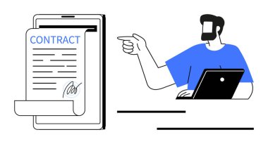 Bilgisayarlı bir işadamı, imzalamaya hazır bir elektronik kontratı gösteren dijital bir tablete işaret ediyor. Çevrimiçi anlaşmalar için ideal, dijital iş akışları, e-imzalar, modern iş uygulamaları, uzaktan kumanda