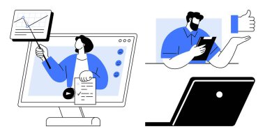 Ekranla öğretiyor, video çağrılarına katılıyor. Tablet elinde, başka biri onay işareti veriyor. Laptop devrede. E-öğrenme, uzaktan çalışma, çevrimiçi toplantılar ve dijital iletişim için ideal