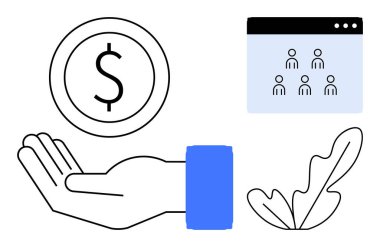 El ele tutuşma işareti, tarayıcı penceresinde grup, soyut yaprak. Takım çalışması, finans, büyüme, destek, topluluk dijital ekonomisi ve ağ kurmak için ideal. Modern satır soyut düz metafor