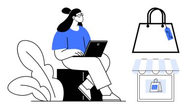 Fabrikanın yanında dizüstü bilgisayar kullanan genç bir kadın. Fiyat etiketi ve mağaza önü olan bir alışveriş çantası. Çevrimiçi alışveriş, dijital ticaret, perakende pazarlama, tüketici davranışı, e-ticaret çözümleri için ideal