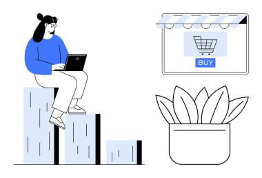 Yükselen bar tablosunda dizüstü bilgisayar kullanan bir kadın Buy düğmeli bir e-ticaret mağazası ve saksı bitkisi. Çevrimiçi iş, büyüme, e-ticaret, dijital göçebe, satış artışı, uzaktan çalışma başarısı için ideal