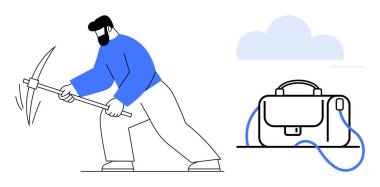 Bulutlu gökyüzünün altında evrak çantasının yanında kazma kullanan bir işçi. İstihdam kavramları, iş metaforu, çaba ve ödül, gayret, üretkenlik, sıkı çalışma, hedef başarı için idealdir. Satır metaforu