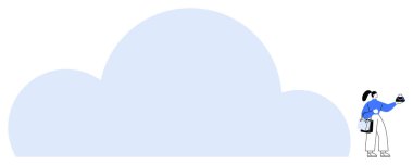 Mavi kazaklı bir kişi, bilgisayar çantası taşıyan akıllı telefon kullanarak büyük bir bulut grafiğiyle etkileşime geçiyor. Teknoloji, bulut hesaplama, veri yönetimi, mobil erişim, uzaktan çalışma, dijital