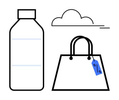 Yeniden kullanılabilir şişe, bulut ve etiketli alışveriş torbası. Sürdürülebilir yaşam, çevre dostu alışkanlıklar, çevre bilinci, yeniden kullanılabilir ürünler, sorumlu alışveriş, minimalizm atığı azaltma için ideal