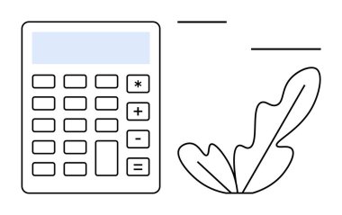 Ekran ve çeşitli düğmeleri olan hesap makinesi artı doğal yaprak ve soyut çizgiler. Finans, muhasebe, eğitim, teknoloji, doğa, basitlik ve minimalist sanat için idealdir. Soyut satır düzlüğü